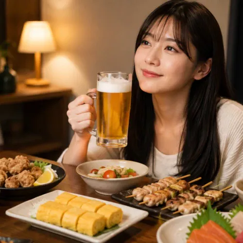 夜ごはんと晩酌を楽しみに微笑む女性と、焼き鳥や刺身などの料理が並ぶ食卓の風景