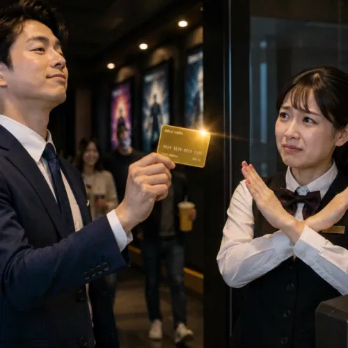 映画館の入場口でゴールドカードを差し出す男性と、困った表情で断る女性スタッフ