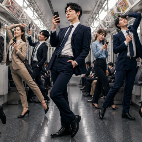 通勤電車でスマホの動画を楽しみながら、それぞれ個性的なポーズで快適に過ごすスーツ姿の男女