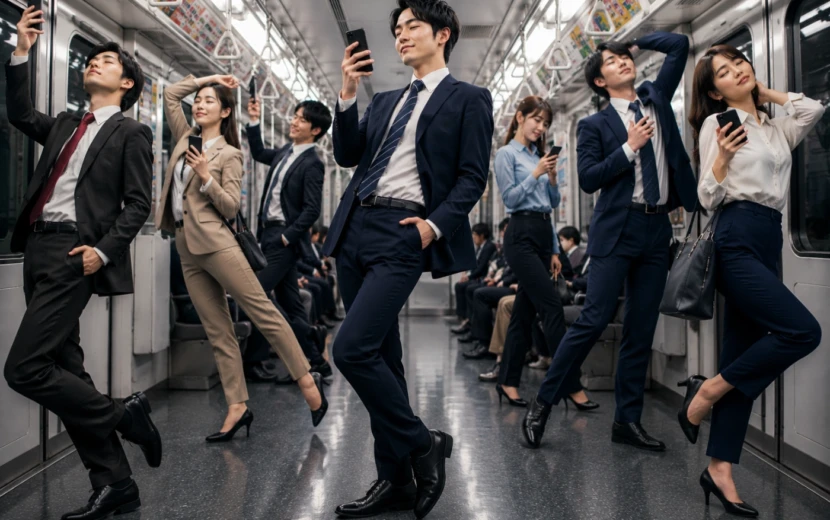 通勤電車でスマホの動画を楽しみながら、それぞれ個性的なポーズで快適に過ごすスーツ姿の男女