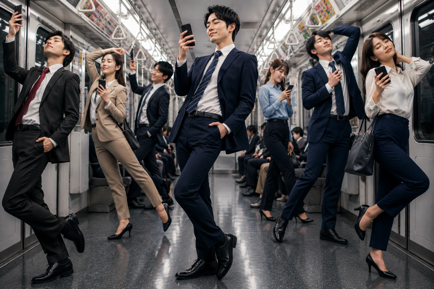 通勤電車でスマホの動画を楽しみながら、それぞれ個性的なポーズで快適に過ごすスーツ姿の男女