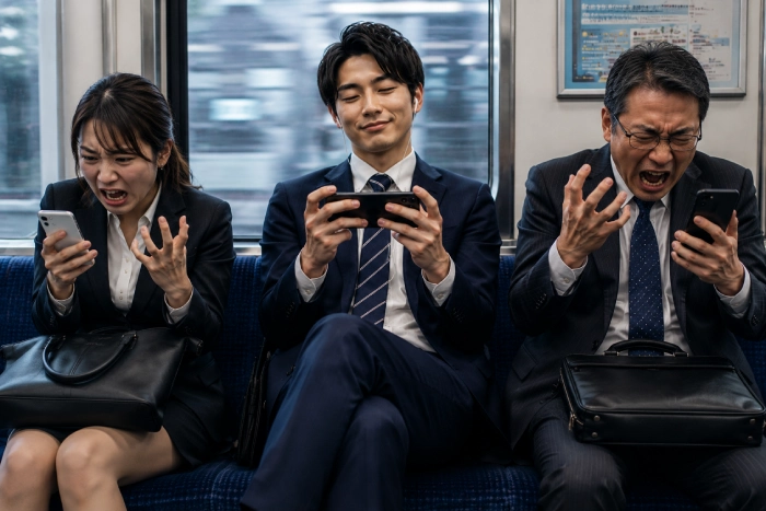 電車内で中央の男性だけが快適に動画を楽しみ、両隣の男女はスマホの使いづらさに困惑している様子