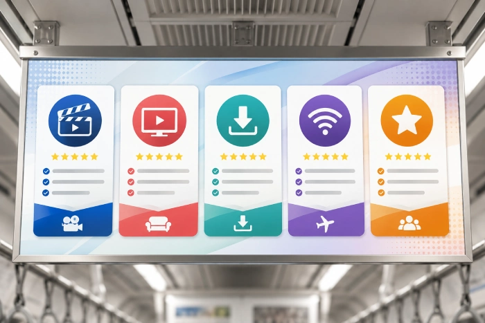 電車の中づり広告に動画サービスの比較イメージを並べたオリジナルデザイン