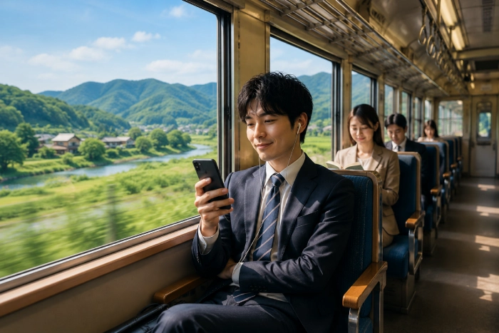 自然豊かな景色を眺めながら、電車内でスマホの動画を快適に楽しむスーツ姿の男性