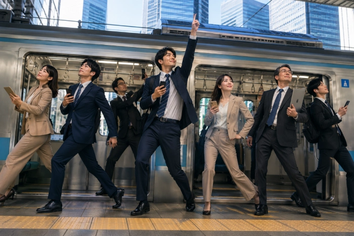駅に到着した電車から、スマホやタブレットを手に快適そうな表情で降りるスーツ姿の男女