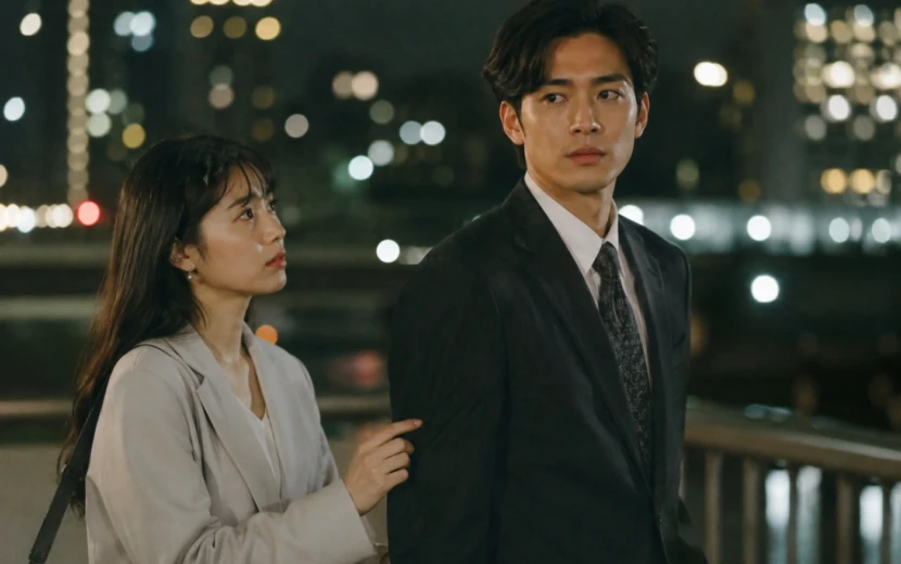 夜の街でスーツ姿の男性を引き留めようとする女性が見つめ合う恋愛ドラマ風のワンシーン