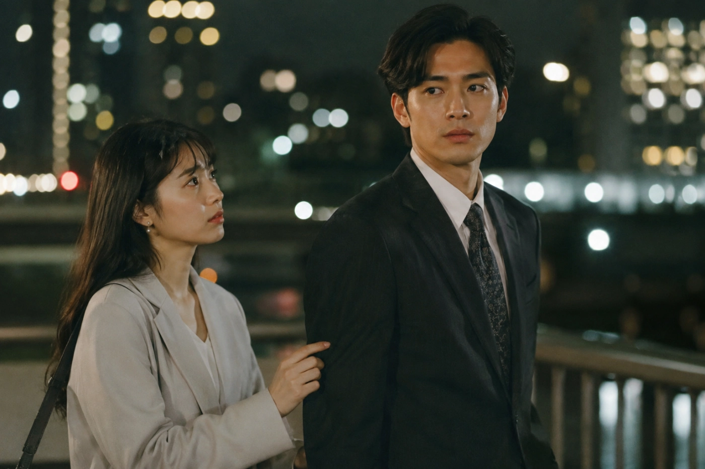 夜の街でスーツ姿の男性を引き留めようとする女性が見つめ合う恋愛ドラマ風のワンシーン