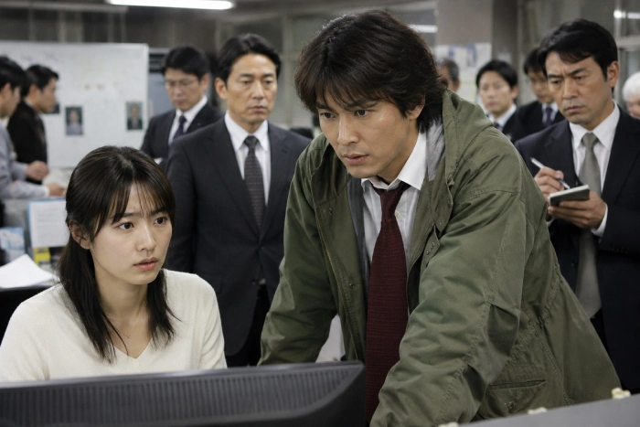 捜査会議室で事件の資料を確認しながら真剣に調査を進める刑事たちの緊迫した場面