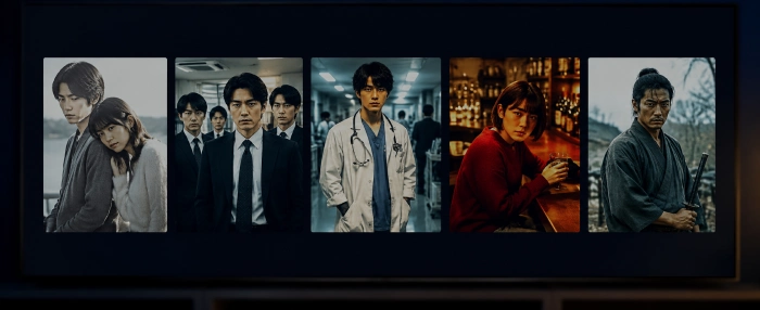 動画配信サービスの画面に恋愛・刑事・医療・ヒューマン・時代劇のドラマ作品が並ぶ様子