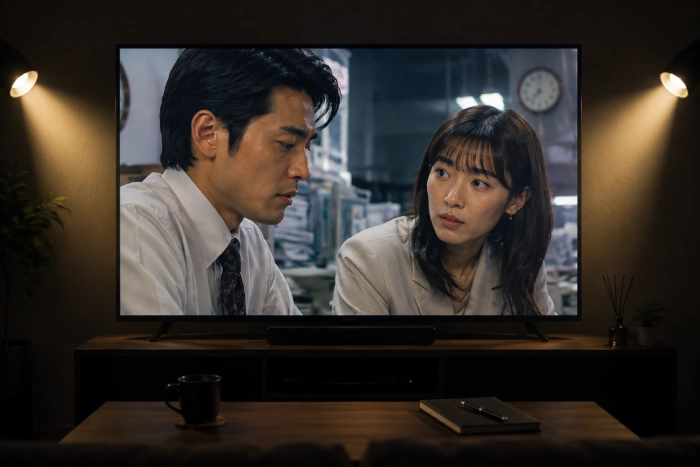 スポットライトに照らされたテレビで懐かしい雰囲気のドラマを映し出す落ち着いたリビングルーム