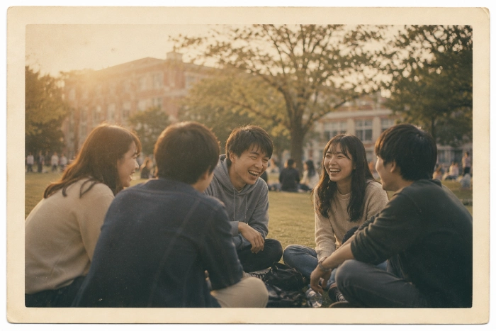 大学の芝生で友人たちと笑い合う学生時代を写したフィルム写真風の一枚