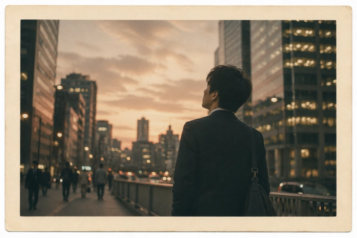 仕事帰りの夕暮れに空を見上げながら将来を考える社会人のフィルム写真風の一枚