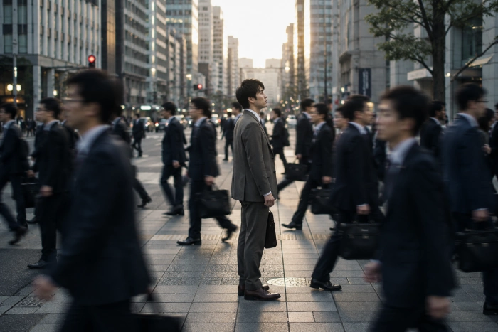 都心で周囲の人々が行き交う中、一人だけ立ち止まり将来を考える社会人男性