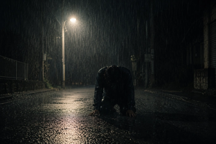 大雨が降る夜の路上で、街灯の下に膝をつき静かにうつむく人物の後ろ姿
