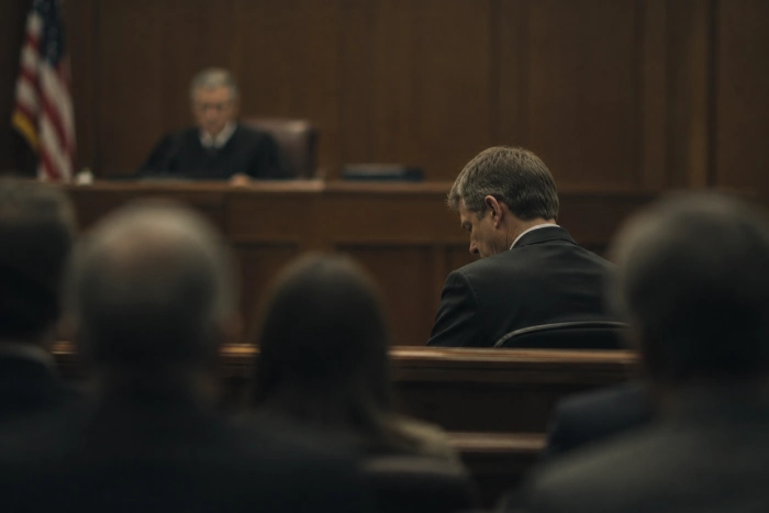 傍聴席越しに、うつむいて被告席に座る男性と、その奥に裁判官が見える静かな法廷の風景