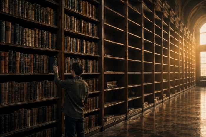 歴史ある図書館で、無数の本が並ぶ本棚の先に、まだ埋まっていない棚が静かに続いている風景