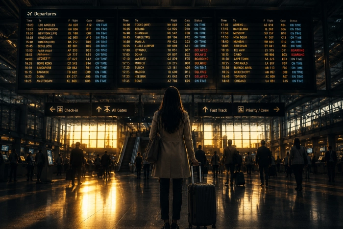 空港の出発案内板の前で、無数の行き先を静かに見つめながら立ち止まる社会人女性の後ろ姿