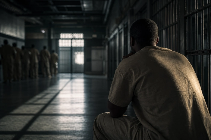 薄暗い刑務所の通路で、一人静かに座り込み、遠くを見つめる受刑者の後ろ姿