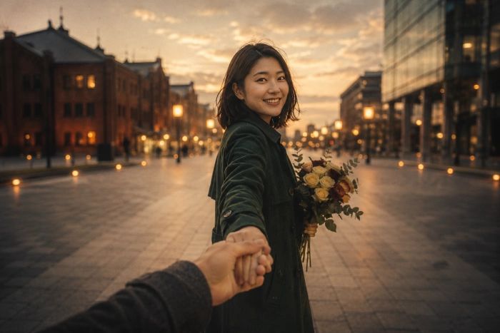 夕暮れの街で花束を抱え、手をつないで微笑みながら振り返る若い女性との思い出を切り取った風景