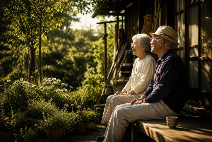 木造の家の縁側で、庭の緑を眺めながら穏やかな時間を過ごす高齢夫婦の姿