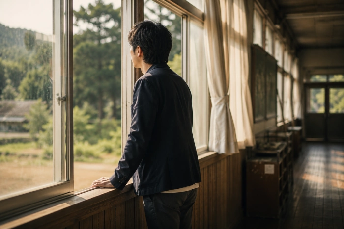木造の廃校の二階廊下で足を止め、窓の外にある何かを静かに見つめる社会人男性の後ろ姿木造の廃校の二階廊下で足を止め、窓の外にある何かを静かに見つめる社会人男性の後ろ姿