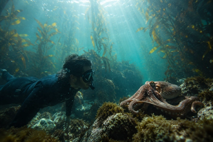 海中の海藻の森で、静かに向き合うダイバーとタコを捉えた幻想的な風景