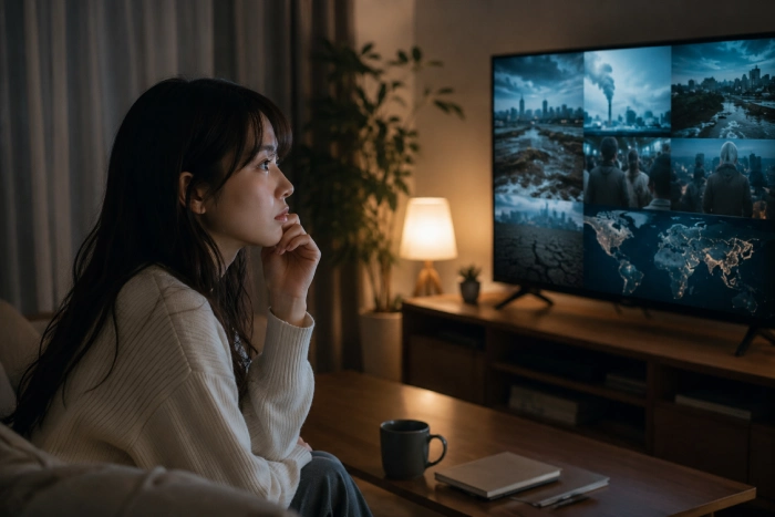 海外のニュース映像を見つめながら、世界で起きている現実について静かに考える女性