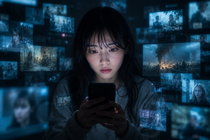 スマートフォンを見つめながら、膨大な情報に囲まれ社会の現実と向き合う女性