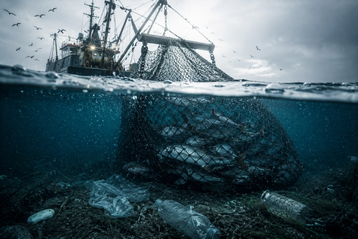 海中に沈むごみと網に入った魚、その上で操業を続ける漁船を捉えた光景