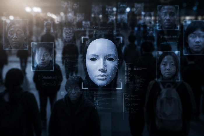 顔認識システムが人々を識別する未来社会を象徴する不気味な光景