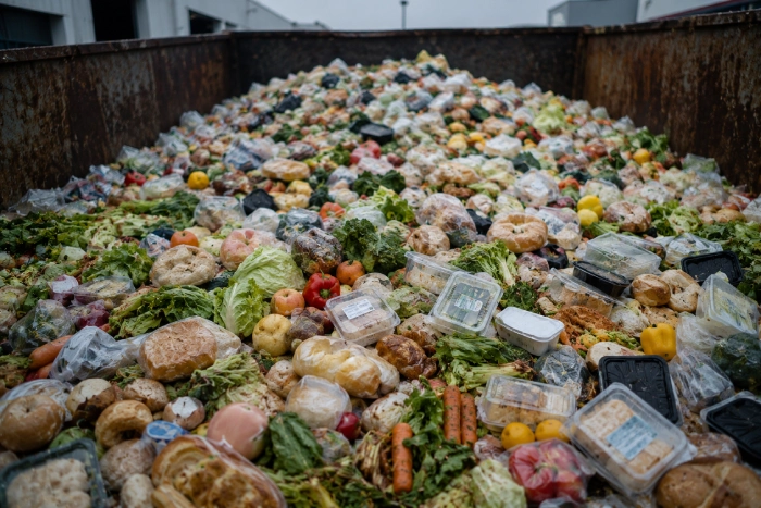 大量の食品が廃棄されたコンテナに積み上げられ、食品ロスの深刻さを象徴する光景