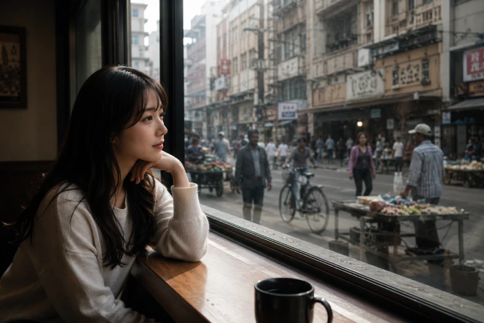 大きな窓越しに海外の街の日常を静かに見つめる若い女性
