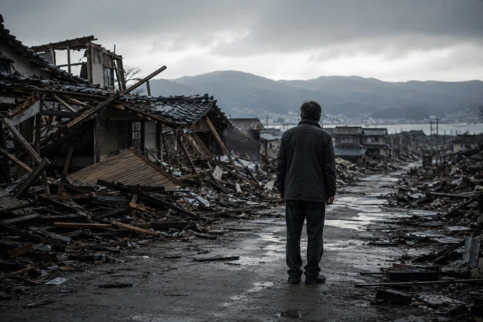 震災で崩れた街並みを前に、一人の父親が力なく立ち尽くし現実を見つめる姿