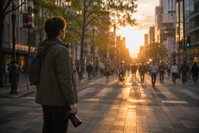 夕暮れの街でカメラを手に下ろし、人々が行き交う日常を静かに見つめるドキュメンタリーカメラマン