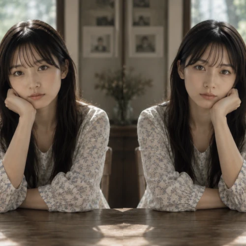 同じ服と姿勢の二人の女性が向かい合うように並び、人生経験による静かな違いを感じさせる瞬間