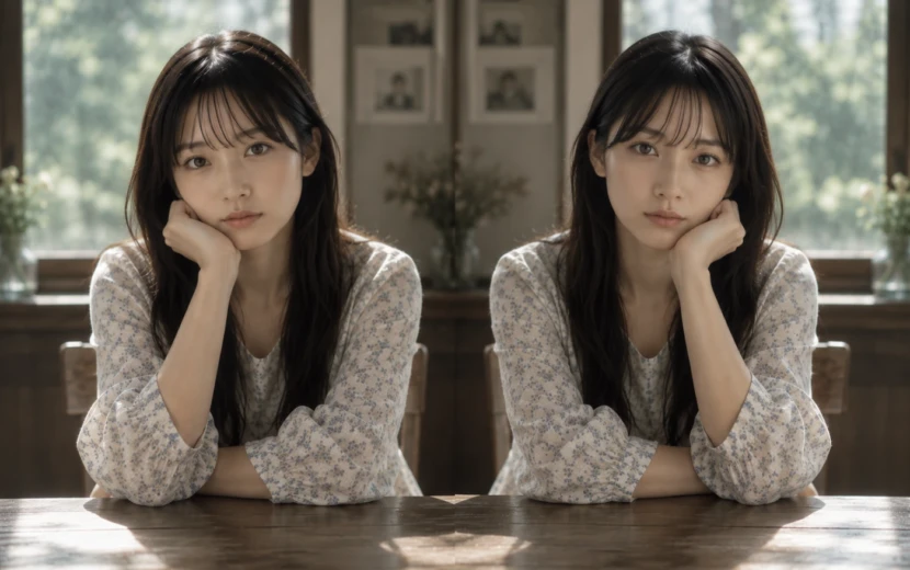 同じ服と姿勢の二人の女性が向かい合うように並び、人生経験による静かな違いを感じさせる瞬間