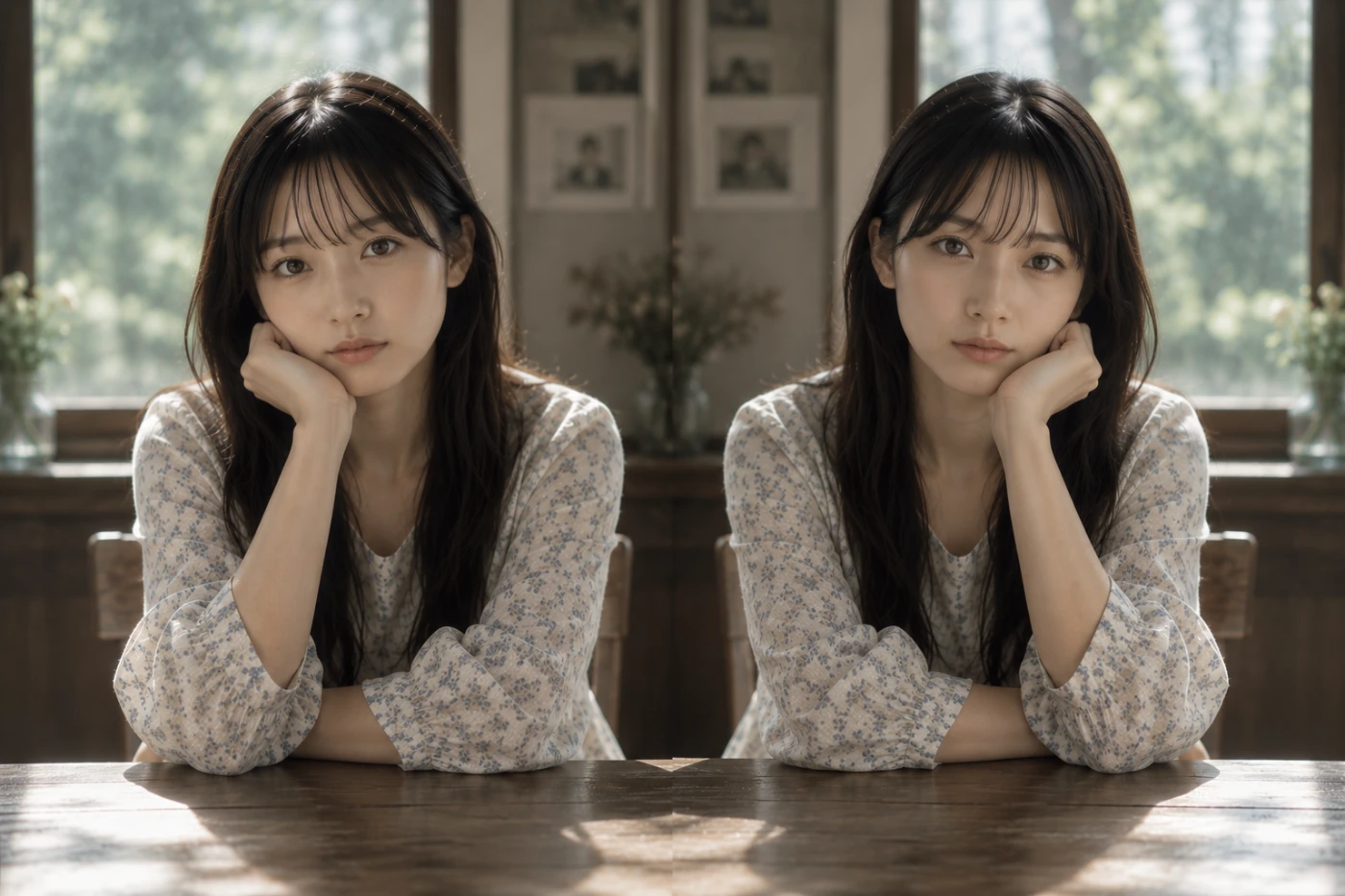 同じ服と姿勢の二人の女性が向かい合うように並び、人生経験による静かな違いを感じさせる瞬間