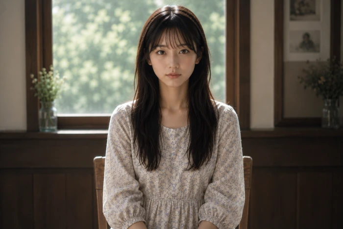 まっすぐ座った若い女性が静かなまなざしでこちらを見つめ、自分自身と向き合うような空気を漂わせている
