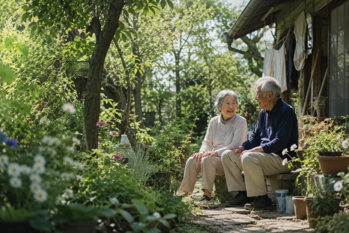 緑豊かな庭で穏やかに語り合う老夫婦が、静かな暮らしの豊かさと幸せを感じさせる光景