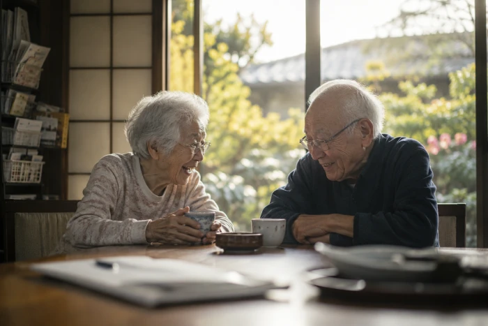 穏やかな日差しが差し込む部屋で語り合う老夫婦が、長い人生を共に歩んできた温かな時間を感じさせる光景