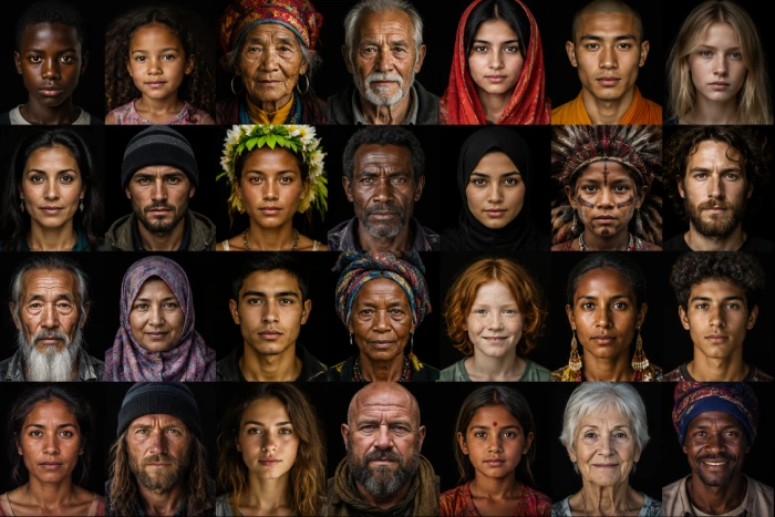 年齢や国籍の異なる人々の表情が並び、人それぞれの人生と価値観の多様さを感じさせる光景