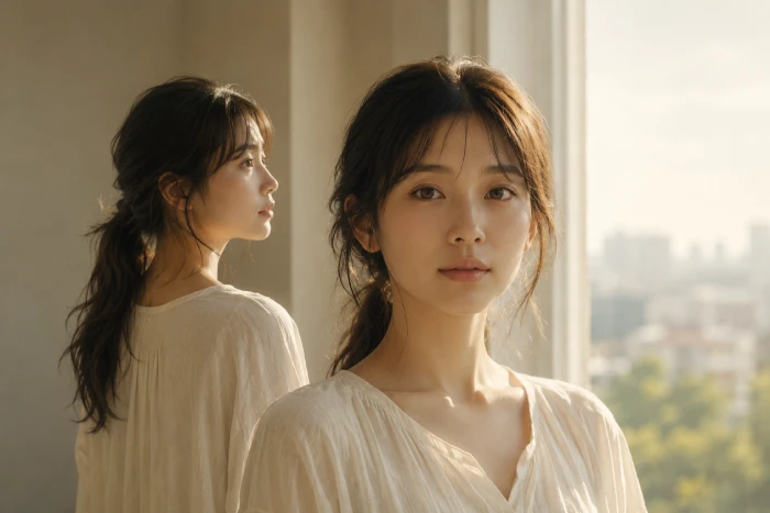 正面からまっすぐ見つめる女性と、その左後ろで静かに未来を見つめる女性が、今の自分とこれから歩む人生を象徴する印象的な光景