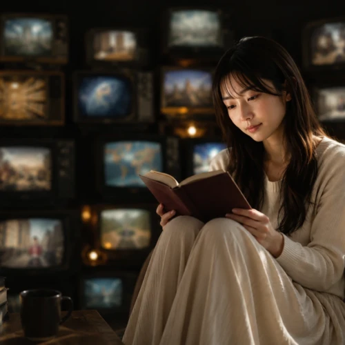 膝を抱えて本を読む女性の後ろに、教養を感じさせる映像が映るテレビが並ぶ静かな空間
