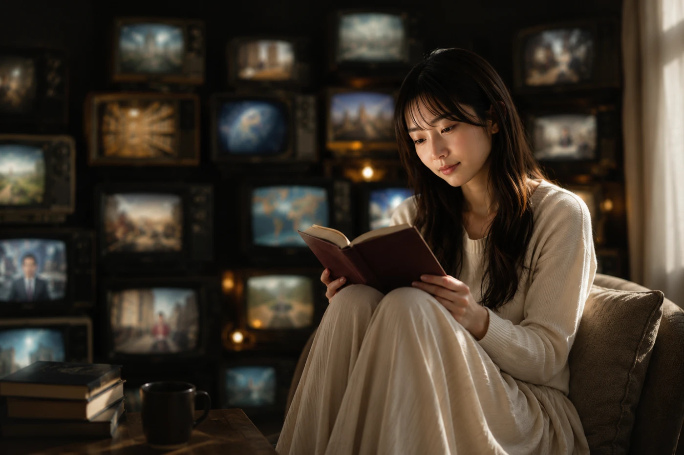 膝を抱えて本を読む女性の後ろに、教養を感じさせる映像が映るテレビが並ぶ静かな空間