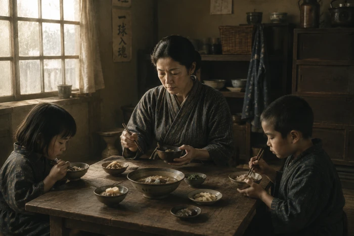 戦時中の質素な食卓で、母親と子どもたちが静かに食事を囲む暮らしの一場面