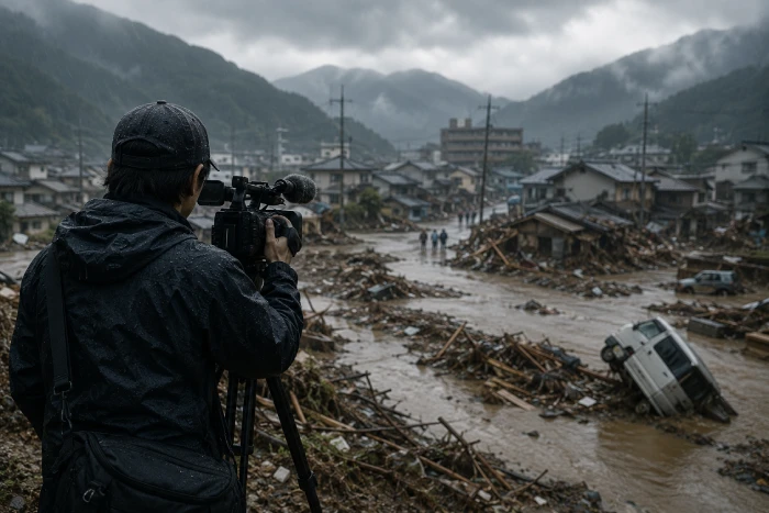 豪雨災害の現場で、ドキュメンタリーカメラマンが被災した街を静かに記録する様子