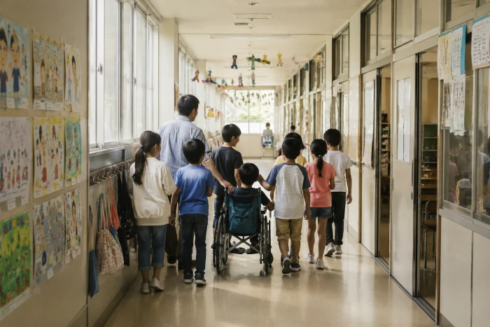 教師とさまざまな子どもたちが一緒に学校の廊下を歩く姿を通して、多様性を受け入れる教育と共に学ぶ大切さを描いたイメージ。