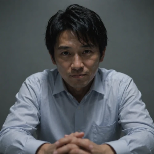 取調室で刑事を見つめながら平静を装う男性容疑者