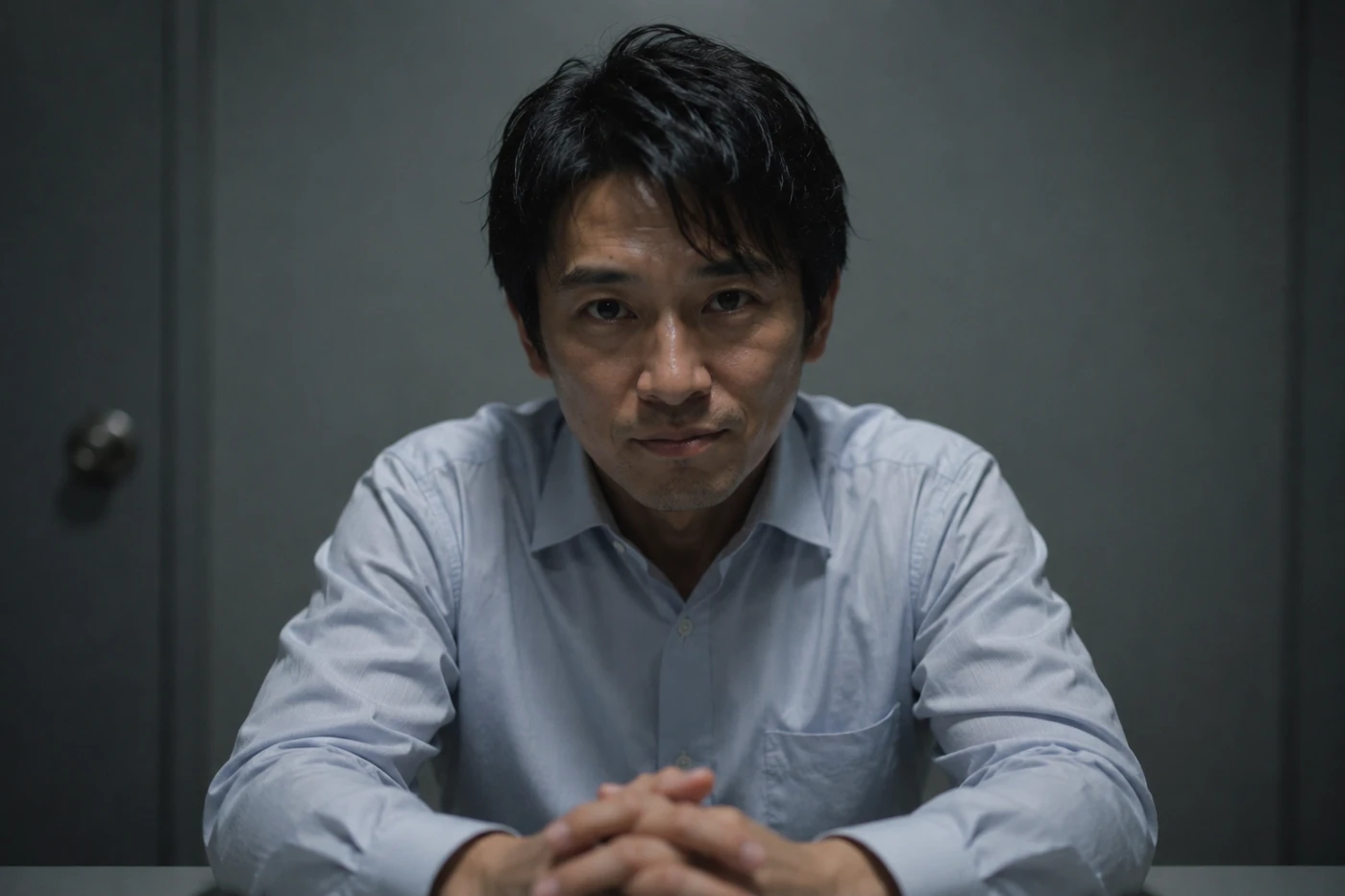 取調室で刑事を見つめながら平静を装う男性容疑者