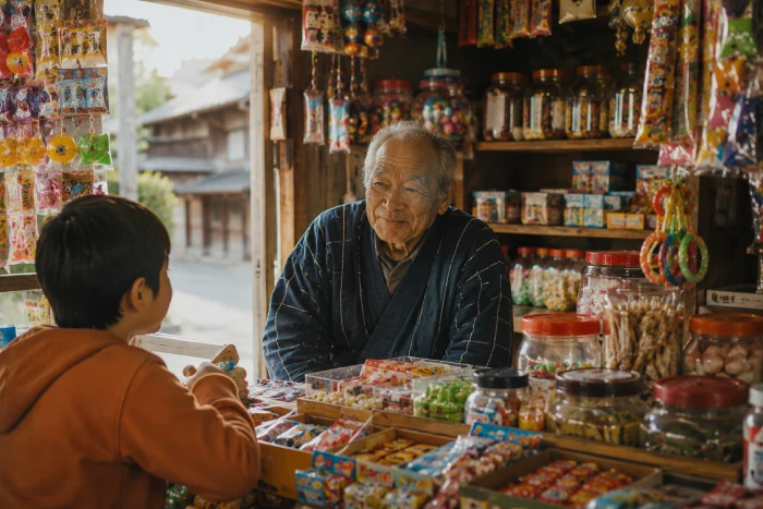 昔ながらの駄菓子屋で笑顔の少年と会話する高齢の店主